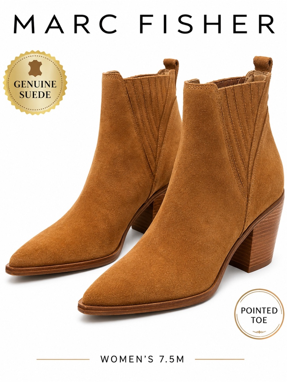 Marc Fisher Women's Tan Suede Pointed-Toe Block Heel Booties